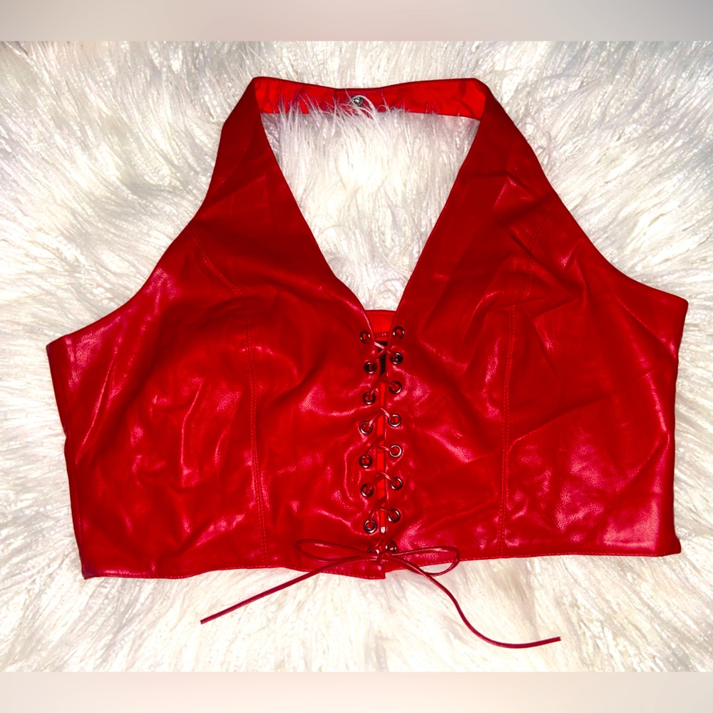Chic Red Lace-Up Faux Leather Crop Top